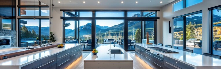 Fototapeta premium A large kitchen with a view of mountains. The kitchen is very clean and well-organized. There are two sinks, a refrigerator, and a microwave. The countertops are made of granite