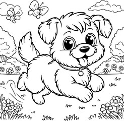 The image of a cheerful little dog running in the park is suitable for a kindergarten coloring book pattern