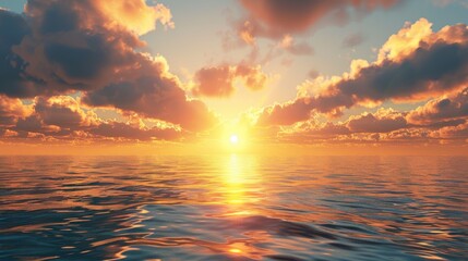 Obraz premium A breathtaking sunset over a calm ocean. The sky is ablaze with vibrant orange and yellow hues, reflecting on the rippling water below. Clouds cast long shadows across the surface, adding depth and di