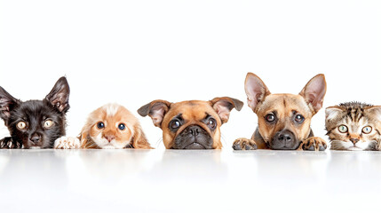Portrait of five different cute funny pets, isolated on a white background	