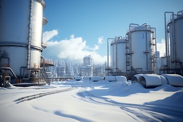 Obraz premium oil refinery in winter with snow and blue sky - 3d rendering
