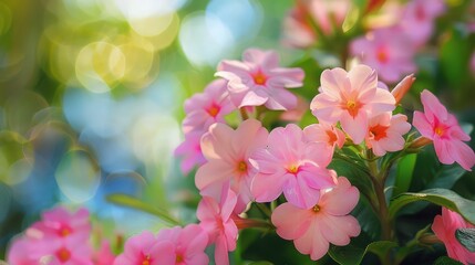 A vibrant display of pink Vinca flowers with lush orange centers, each petal glowing against a blurred garden backdrop that includes shades of green and blue, evoking a serene day in full bloom.