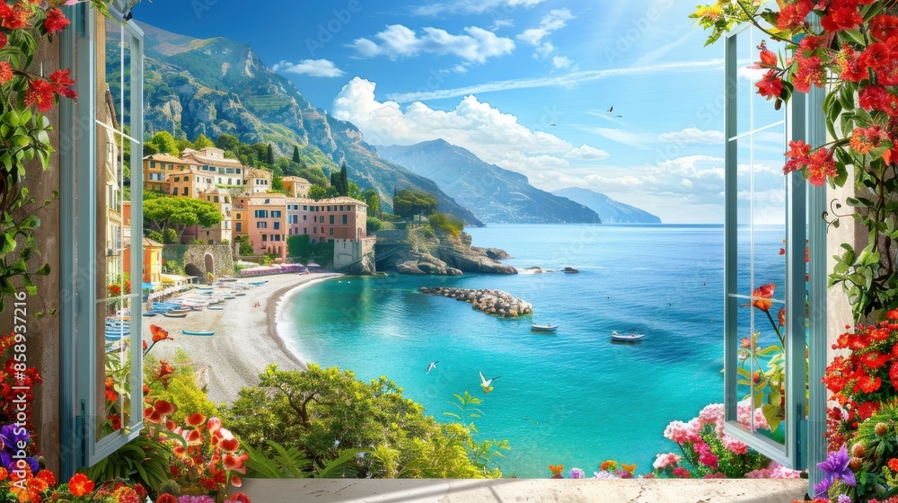Poster A beautiful view of a beach with a blue ocean and mountains in the background. The scene is serene and peaceful, with a sense of calmness and relaxation. The flowers in the window add a touch of color
