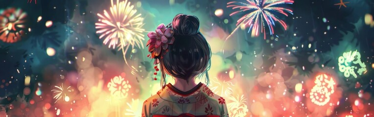 Dreamy Anime Girl Admiring Colorful Fireworks