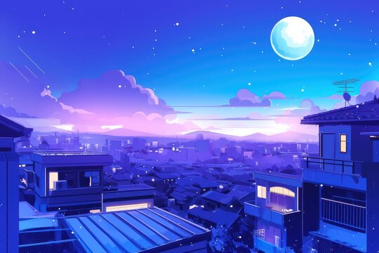 Cityscape Under a Blue Moon and Starry Night