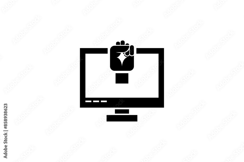 Poster icon design template that the idea is a computer monitor combined with a clenched fist. flat bold st