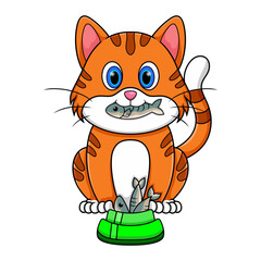 cartoon cute cat eating fish