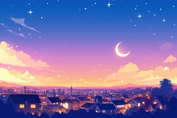 Naklejka premium Nighttime Cityscape with a Crescent Moon and Stars