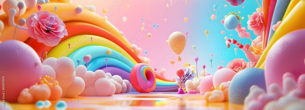 Poster 1. create a whimsical 3d illustration depicting a magical journey through an enchanting rainbow spla