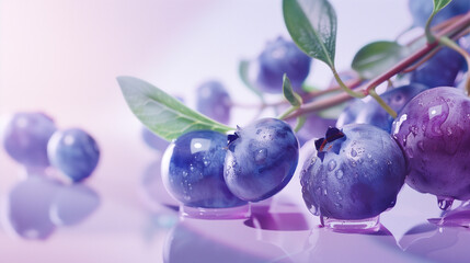 Blueberries with Leaves and Water Droplets on Reflective Surface