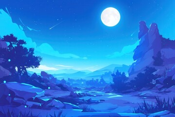 Nighttime Mountain Landscape with a Full Moon