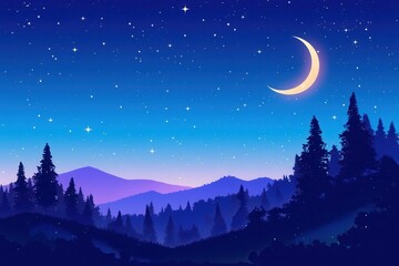 Nighttime Landscape with a Crescent Moon and Starry Sky