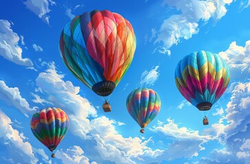 Obraz premium Hot Air Balloon Ride in blue sky white clouds background for wide banner of travel agency or adventure tour,Aerostat flying above clouds,International Balloon Fiesta.