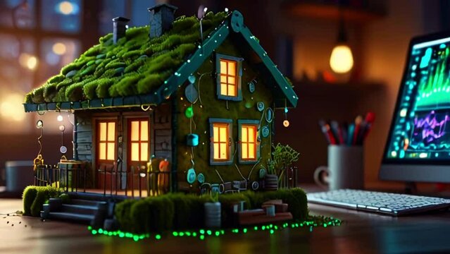 A small model house covered in moss and vines with a glowing green light around it. The house is sitting on a desk next to a computer monitor.