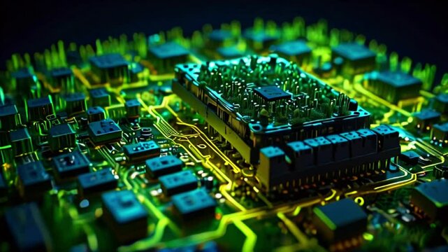 A close up of a computer circuit board with green and yellow lights.
