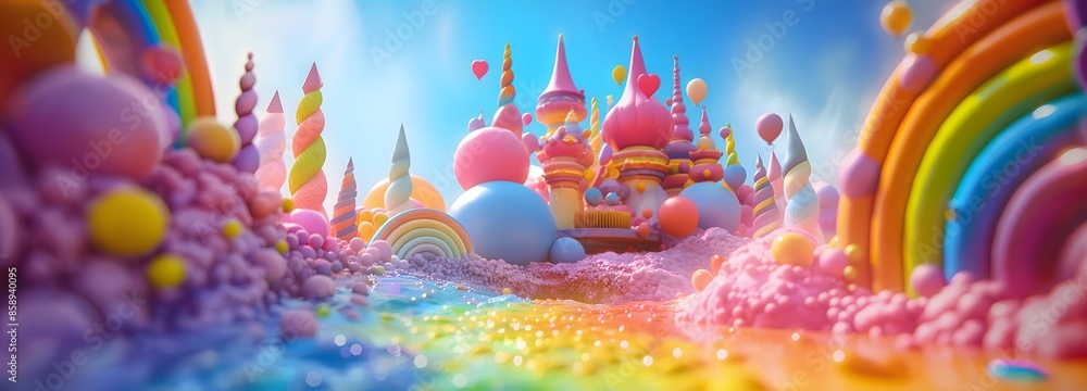 Poster 2. design an enchanting 3d artwork capturing a whimsical adventure through a vibrant rainbow splash 