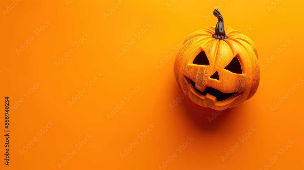 Poster an orange jack-o-lantern sits on an orange background. the pumpkin is carved with a scary face and i
