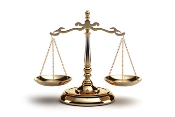Golden balance scales isolated on white background.