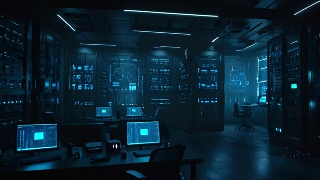 A dark room filled with computers and servers with blue lights.