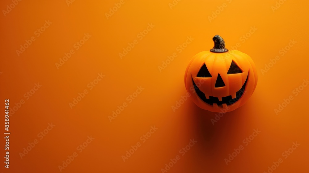 Poster a single, carved pumpkin with a wide smile sits on an orange background. the pumpkin is facing the r