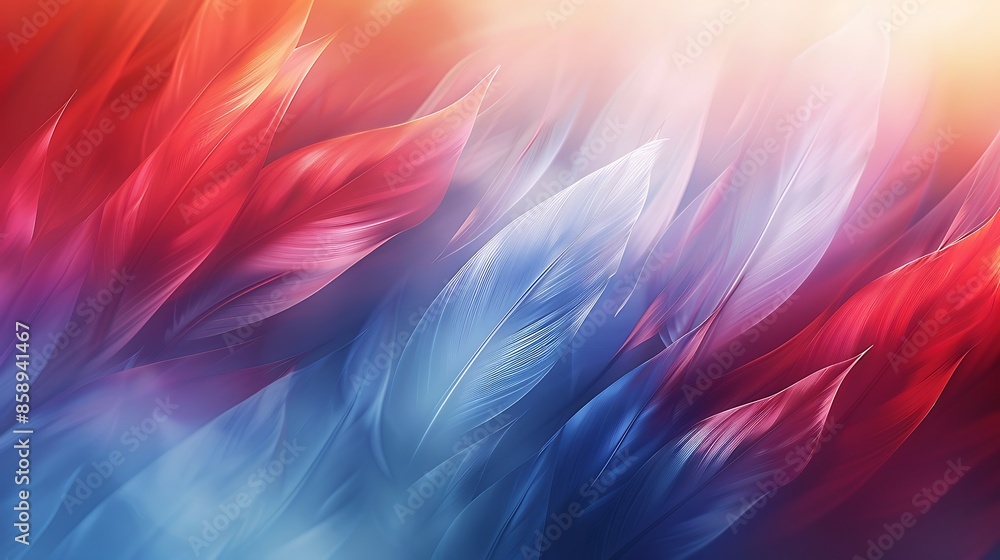 Poster abstract background with blurred light blue and red lines in the shape of feathers creating an elega