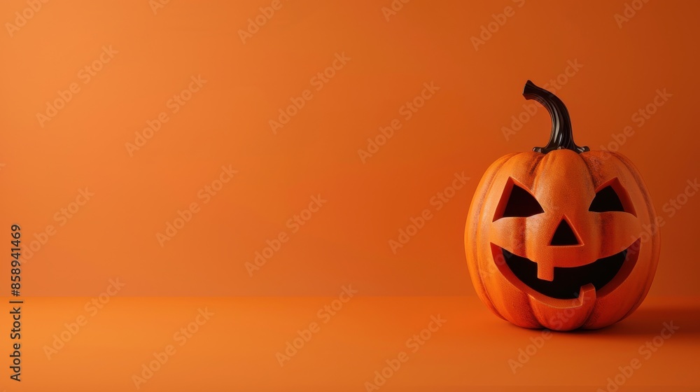 Poster a single carved pumpkin with a smiling face sits on an orange background. the pumpkin is a classic h