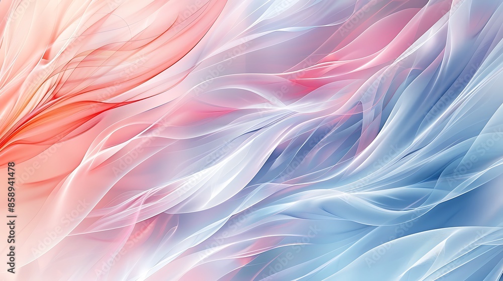 Poster abstract background with blurred light blue and red lines in the shape of feathers creating an elega