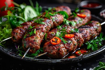 A plate of meat skewers with herbs and spices.