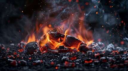 A photo of glowing coals and flames with smoke rising from them on black background. A glowing fire in the center surrounded by red hot charcoal pieces creating an atmosphere of warmth and sizzling