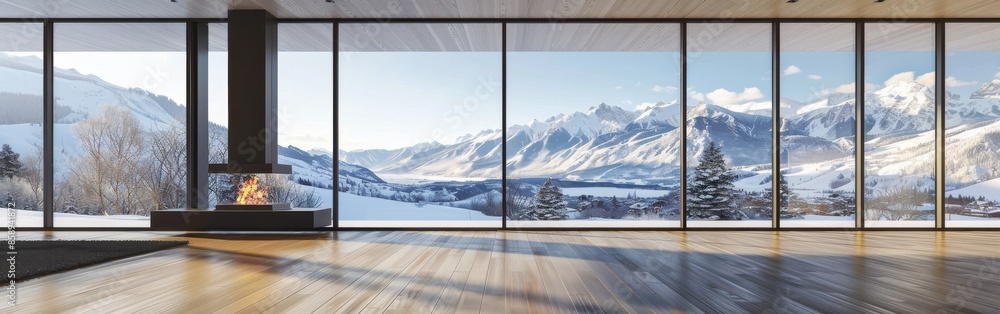 Poster a large, empty room with a fireplace and a view of mountains. the room is very spacious and has a mo