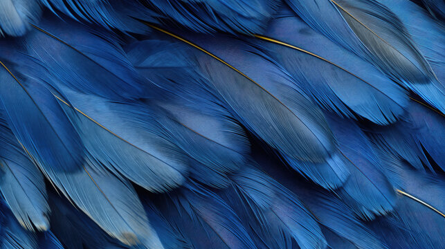 Abstract background texture - Closeup detail of blue gold colored feathers, top view,, Generative AI