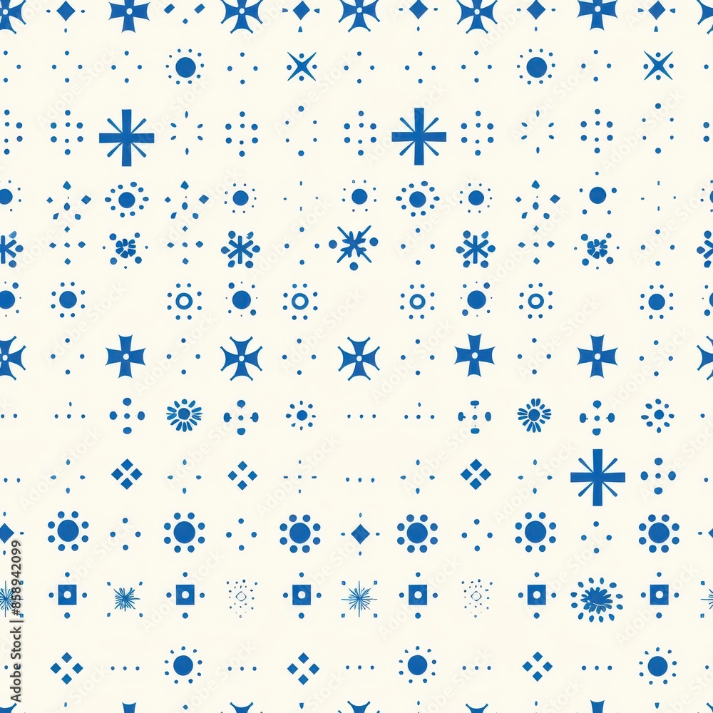Poster this image shows a repeating pattern of blue geometric shapes on a white background. the pattern inc