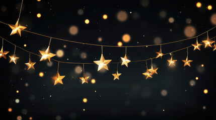 Christmas celebration decoration holiday banner template greeting card - Group of hanging gold stars ornaments and bokeh lights, black background, Generative AI