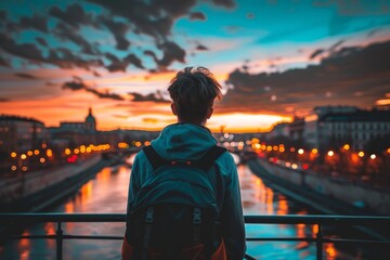 Fototapeta premium Man contemplating on bridge, deep in thought, gazing pensively at flowing river below