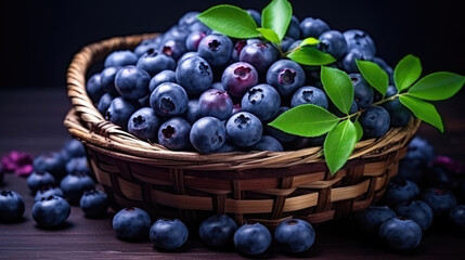 Food photography - Summer fruits blueberry background - Closeup of ripe blueberries and leaves in a wooden basket on dark table, Generative AI