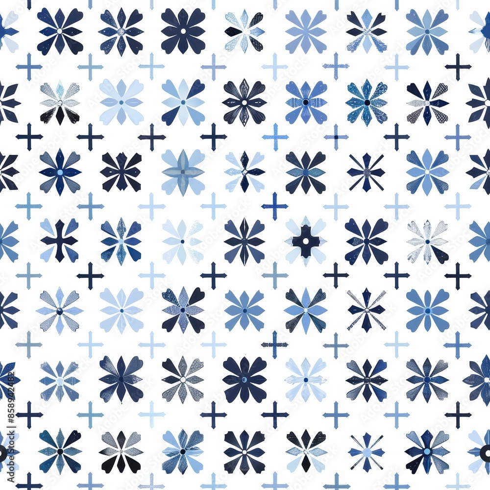 Poster this image showcases a seamless pattern featuring blue and white geometric tiles. the design incorpo