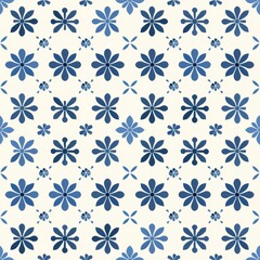 This is a seamless pattern of blue and white floral designs. The pattern is composed of various flower shapes, all of which are outlined in a dark blue color. The background is white. This repeating d