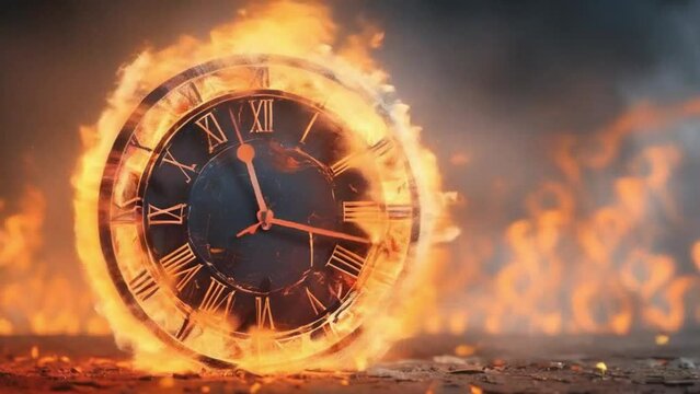 Abstract Clock on fire, time's burning end in fiery clock