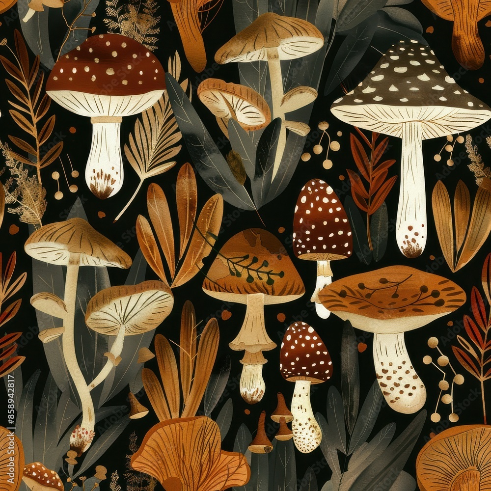 Poster a seamless pattern featuring various types of mushrooms, leaves, and branches on a dark background. 