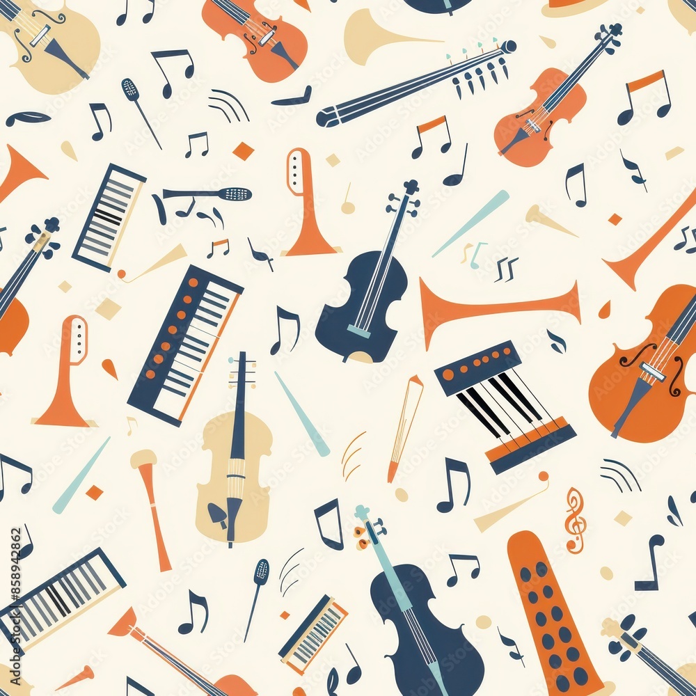 Poster This image features a colorful and whimsical pattern of musical instruments and notes. It includes a variety of instruments such as violins, trumpets, keyboard instruments, and other instruments that 