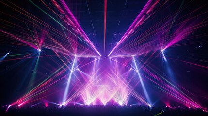 Closeup of laser equipment for lasershow in club, disco, nightclub or on a festival, with colorful laser beams rays, in the dark black night, Generative AI