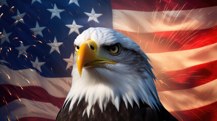 Naklejka premium Holiday independence day celebration USA America banner panorama - Closeup portrait head of bald eagle, with defocused american flag and firework in th background, Generative AI
