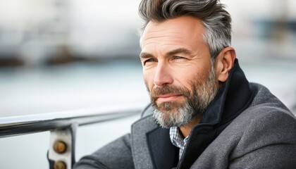 Man in deep contemplation, standing on bridge, looking at river, lost in profound reflection