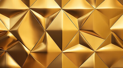 Abstract wide gold metallic texture with geometric triangular 3d triangles pattern wall background banner illustration, textured backdrop for design web, wallpaper, Generative AI