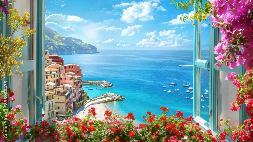 Poster A view of a beach with a blue ocean and a town in the background. The view is framed by a window with a colorful flower arrangement