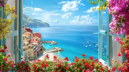 A view of a beach with a blue ocean and a town in the background. The view is framed by a window with a colorful flower arrangement