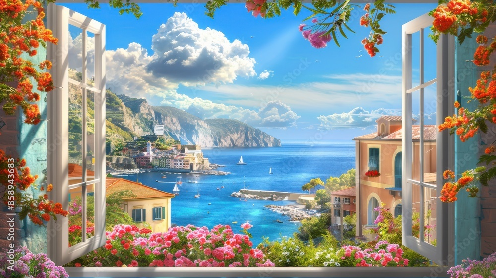 Poster a window view of a beautiful ocean with a house in the background. the scene is serene and peaceful