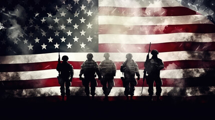Veterans day, holiday celebration background greeting card - Many american soldiers army and USA flags, Generative AI