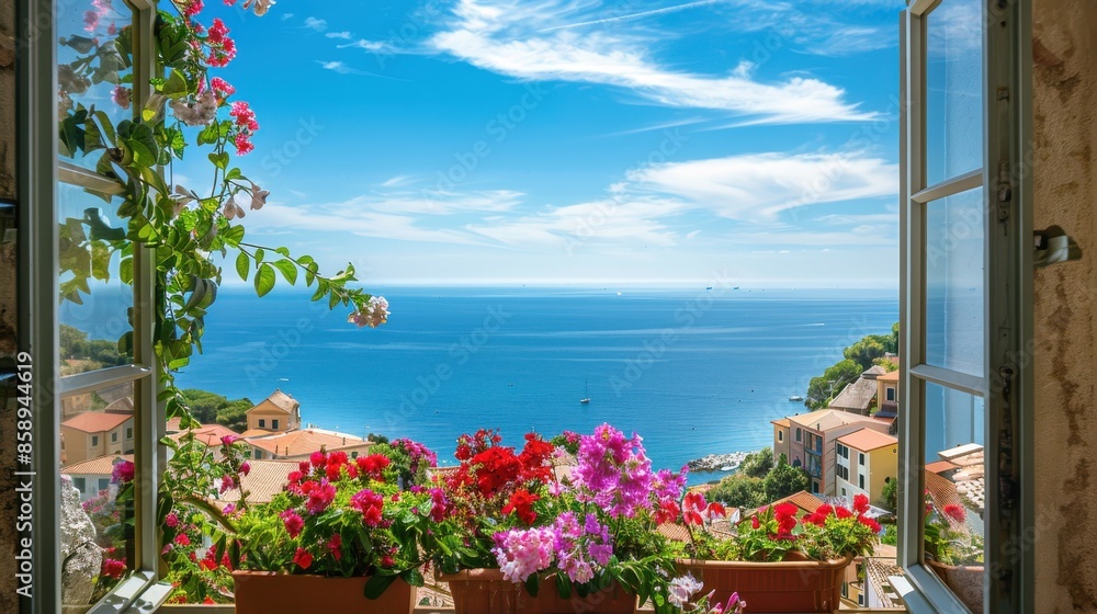 Aufkleber A window view of a beautiful blue ocean with a view of a town in the distance. The window is open, and there are several potted plants with flowers in them, adding a touch of color to the scene