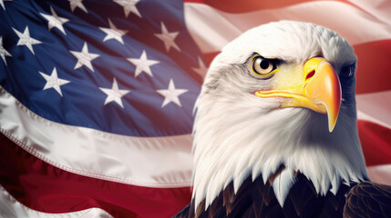 Holiday independence day celebration USA America banner panorama - Closeup portrait head of bald eagle, with defocused american flag in th background, Generative AI